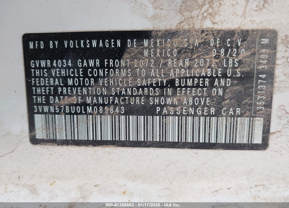 2020 VOLKSWAGEN JETTA VIN: 3VWN57BU0LM089843