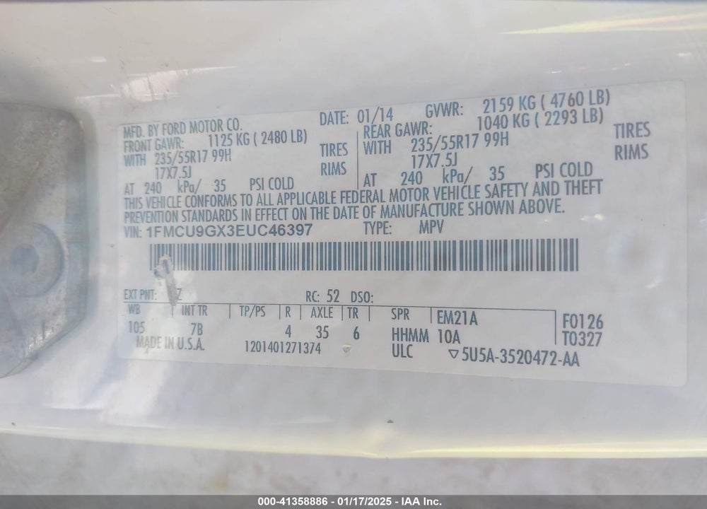 2014 FORD ESCAPE SE VIN: 1FMCU9GX3EUC46397