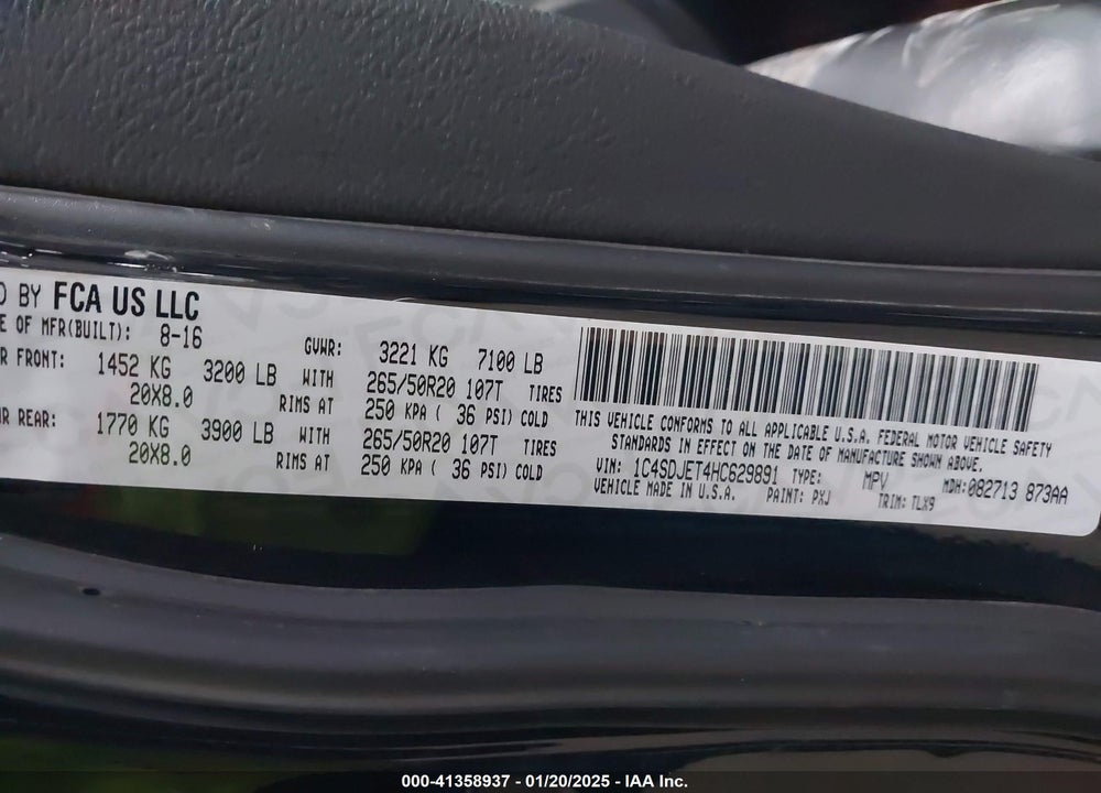 2017 DODGE DURANGO VIN: 1C4SDJET4HC629891