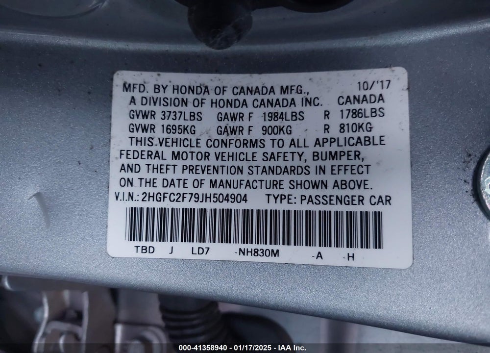 2018 HONDA CIVIC VIN: 2HGFC2F79JH504904