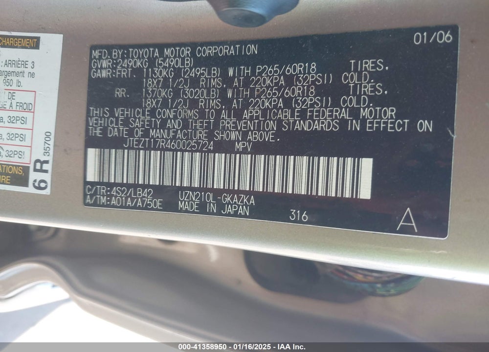 2006 TOYOTA 4RUNNER LIMITED V8 VIN: JTEZT17R460025724