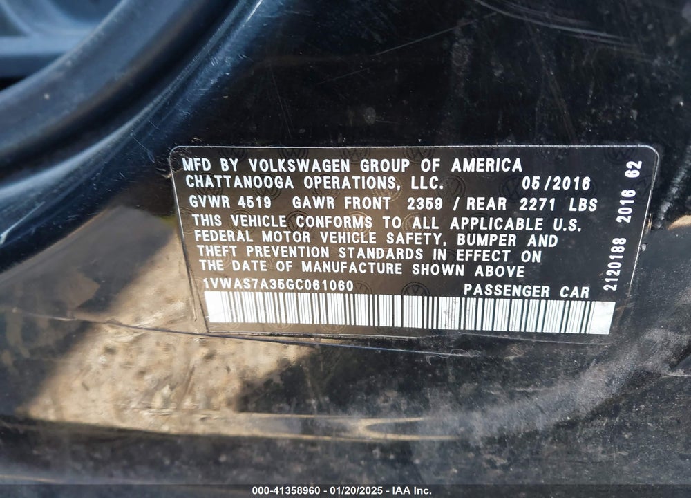 2016 VOLKSWAGEN PASSAT VIN: 1VWAS7A35GC061060