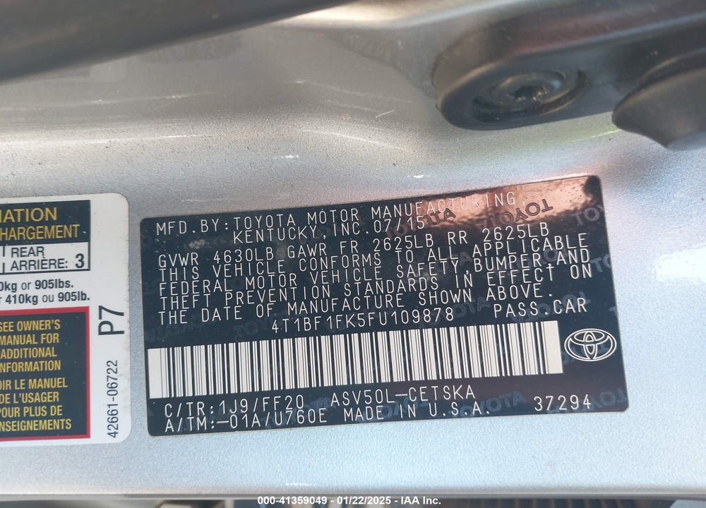2015 TOYOTA CAMRY VIN: 4T1BF1FK5FU109878