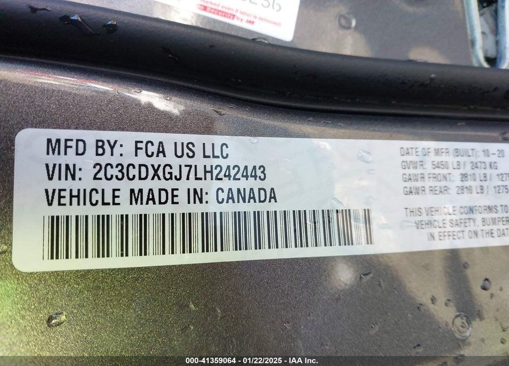 2020 DODGE CHARGER VIN: 2C3CDXGJ7LH242443