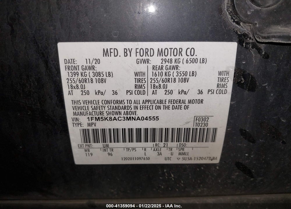 2021 FORD POLICE INTERCEPTOR VIN: 1FM5K8AC3MNA04555