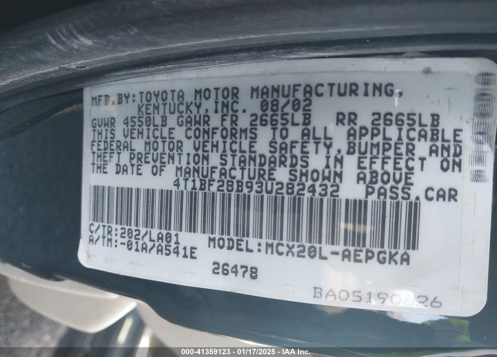 2003 TOYOTA AVALON XLS VIN: 4T1BF28B93U282432