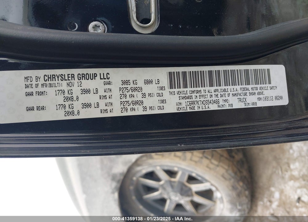 2013 RAM 1500 VIN: 1C6RR7KTXDS543466