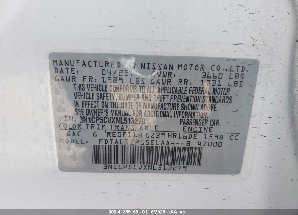2022 NISSAN KICKS SV XTRONIC CVT VIN: 3N1CP5CVXNL513279