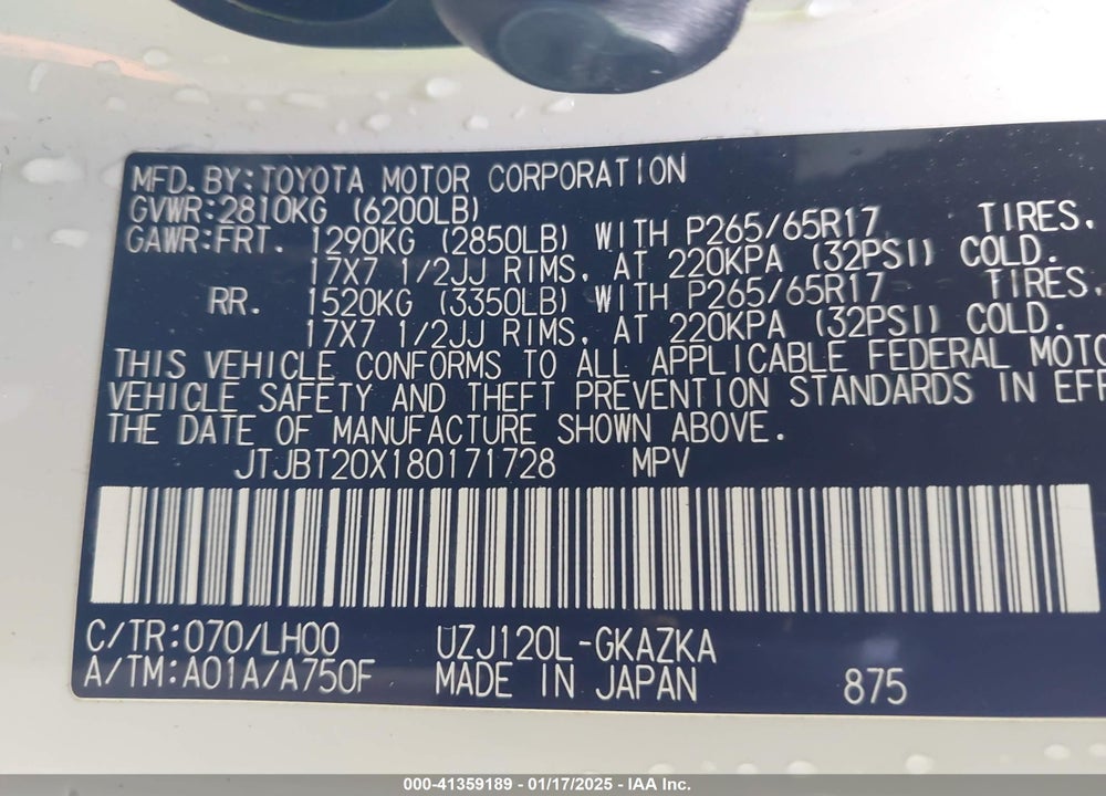 2008 LEXUS GX 470 VIN: JTJBT20X180171728