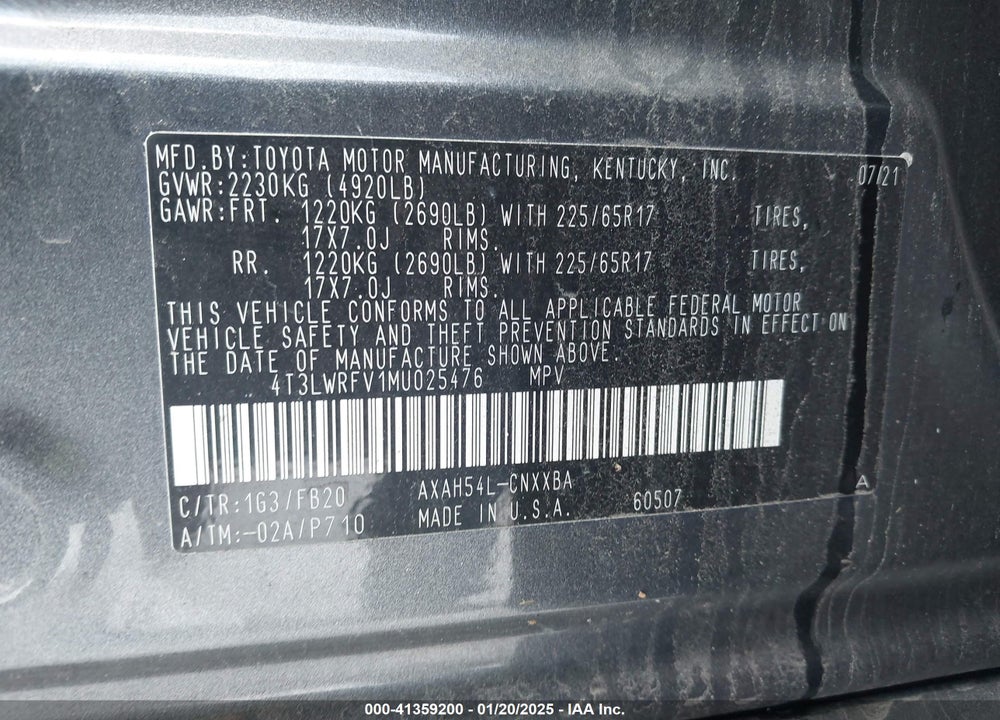 2021 TOYOTA RAV4 VIN: 4T3LWRFV1MU025476