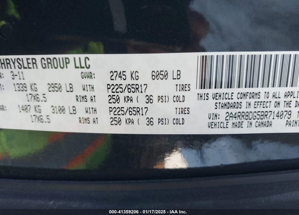 2011 CHRYSLER TOWN & COUNTRY TOURING-L VIN: 2A4RR8DG5BR714079
