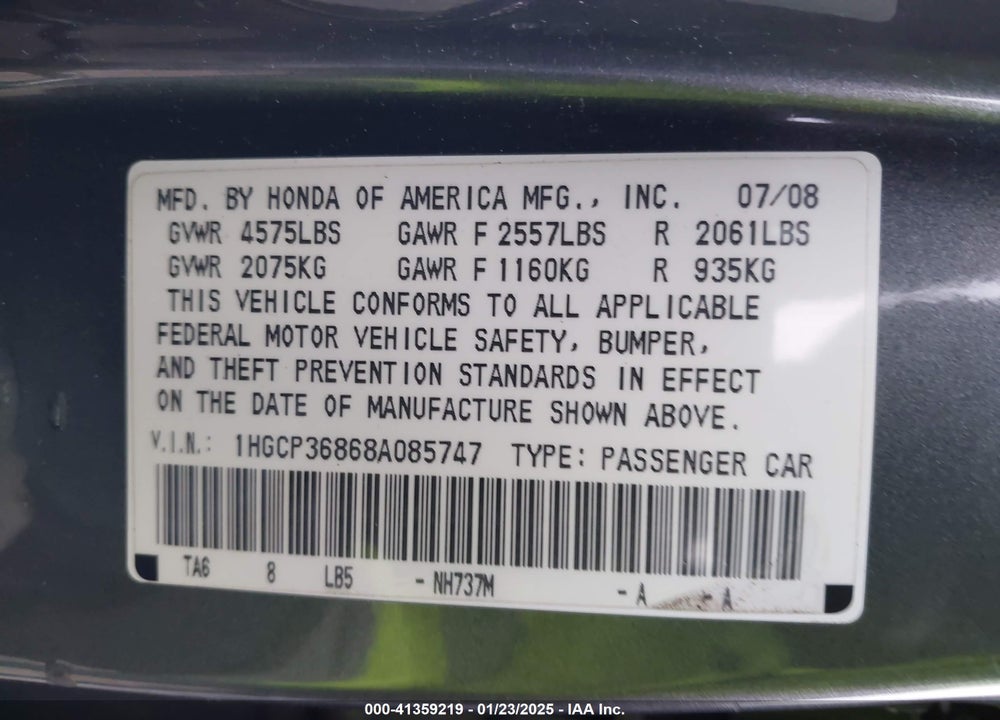 2008 HONDA ACCORD 3.5 EX-L VIN: 1HGCP36868A085747