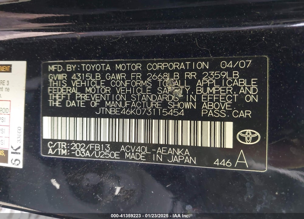 2007 TOYOTA CAMRY LE VIN: JTNBE46K073115454
