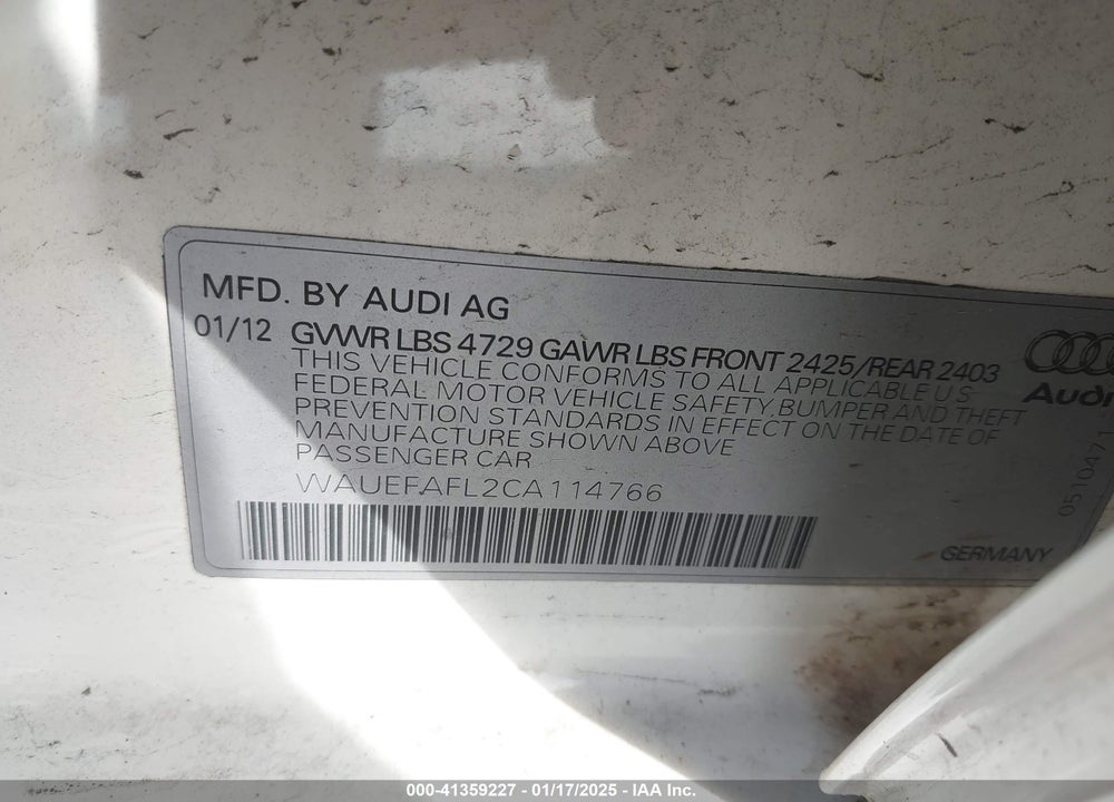 2012 AUDI A4 2.0T PREMIUM VIN: WAUEFAFL2CA114766