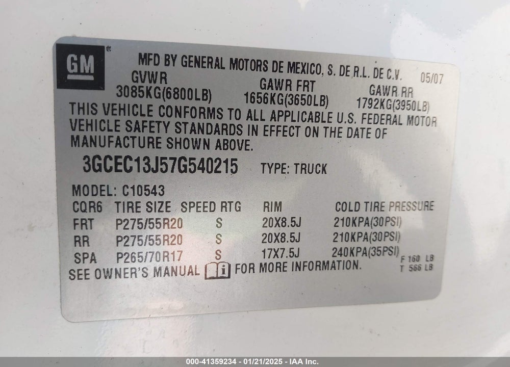 2007 CHEVROLET SILVERADO 1500 VIN: 3GCEC13J57G540215