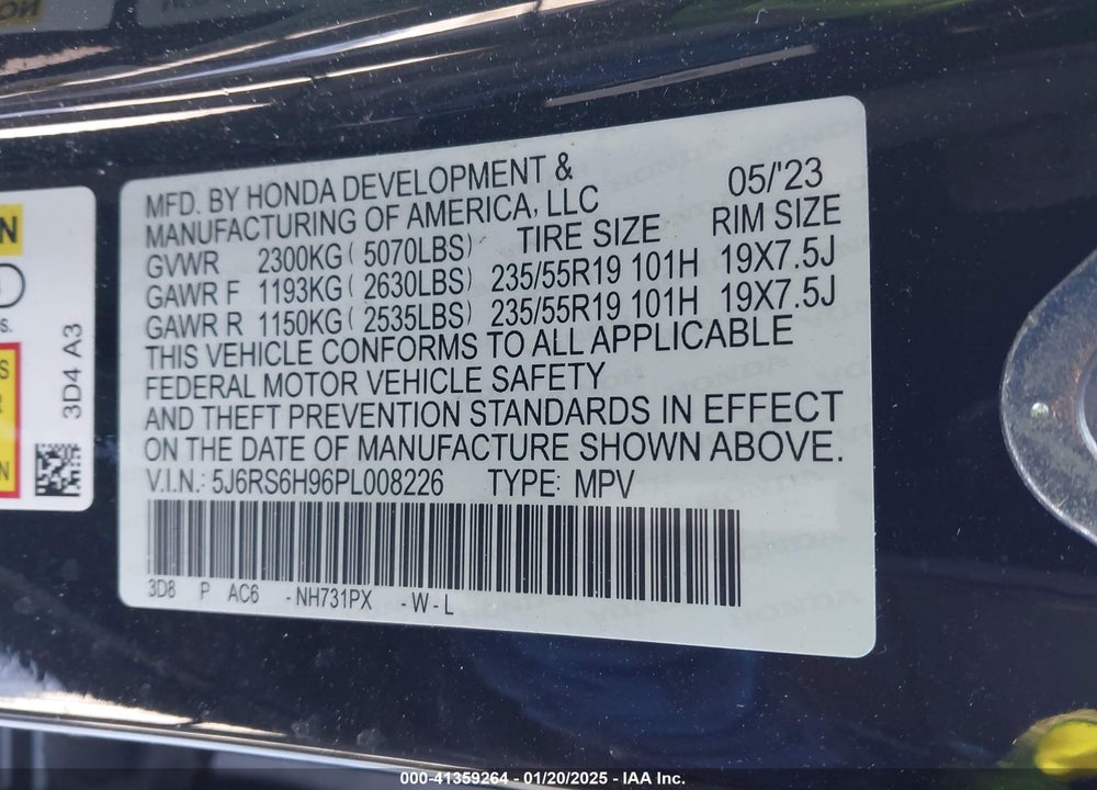 2023 HONDA CR-V VIN: 5J6RS6H96PL008226