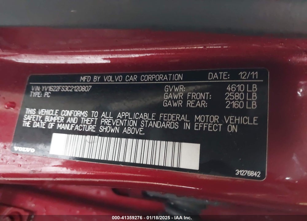 2012 VOLVO S60 VIN: YV1622FS3C2120807