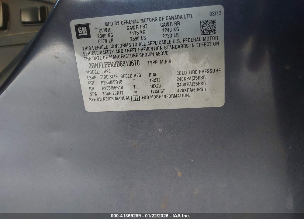 2013 CHEVROLET EQUINOX 1LT VIN: 2GNFLEEK8D6310670