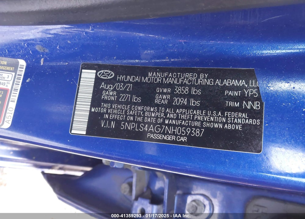 2022 HYUNDAI ELANTRA SEL VIN: 5NPLS4AG7NH059387
