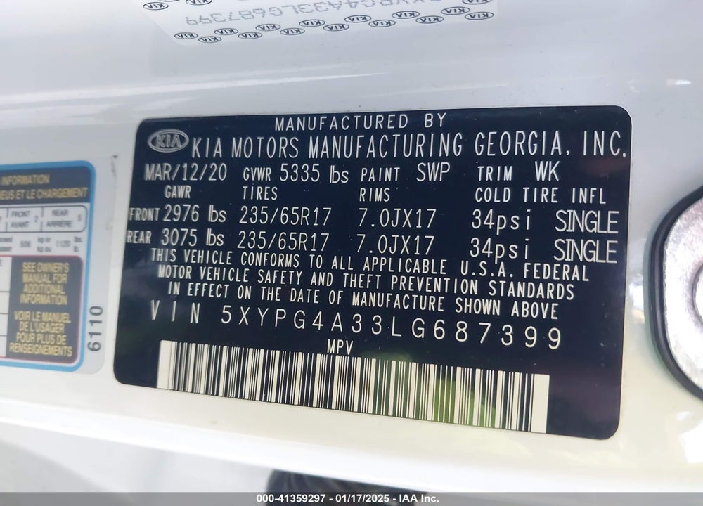 2020 KIA SORENTO 2.4L LX VIN: 5XYPG4A33LG687399