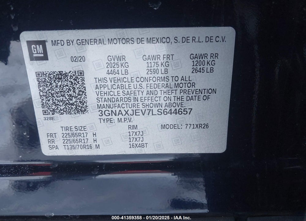 2020 CHEVROLET EQUINOX FWD 2FL VIN: 3GNAXJEV7LS644657