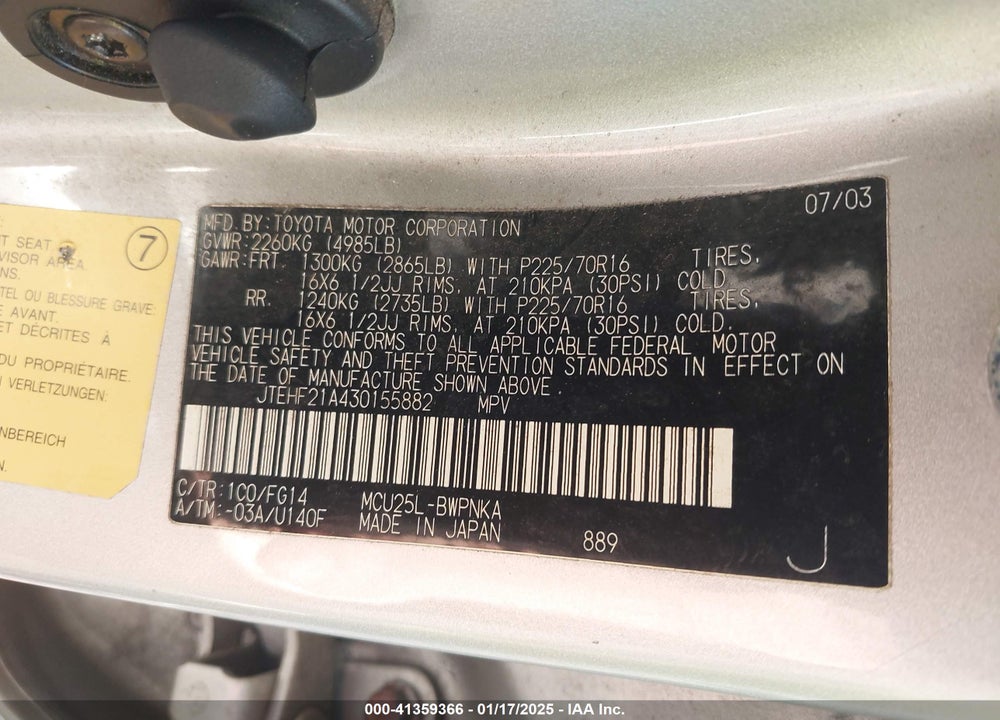 2003 TOYOTA HIGHLANDER V6 VIN: JTEHF21A430155882