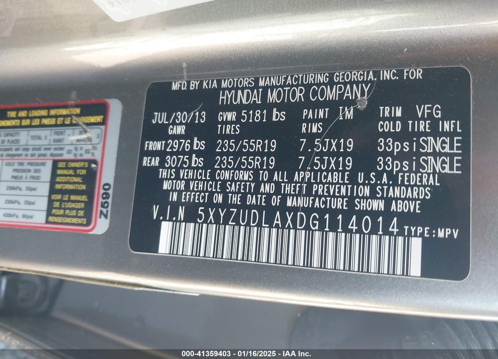 2013 HYUNDAI SANTA FE SPORT 2.0T VIN: 5XYZUDLAXDG114014