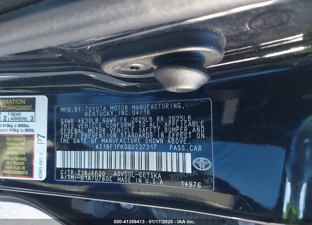 2016 TOYOTA CAMRY SE VIN: 4T1BF1FK0GU237317