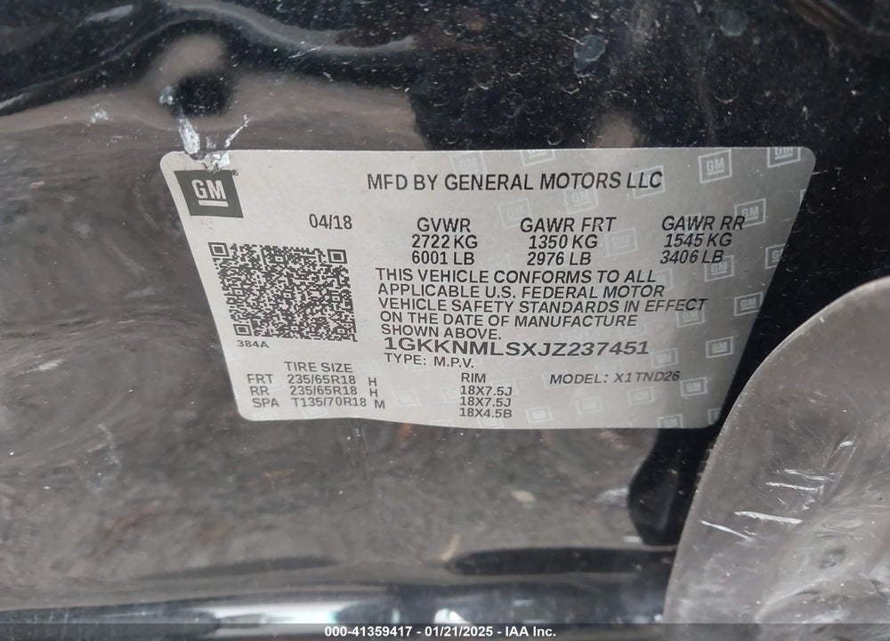 2018 GMC ACADIA VIN: 1GKKNMLSXJZ237451