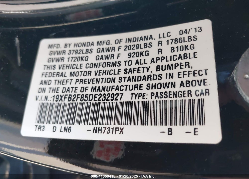 2013 HONDA CIVIC EX VIN: 19XFB2F85DE232927