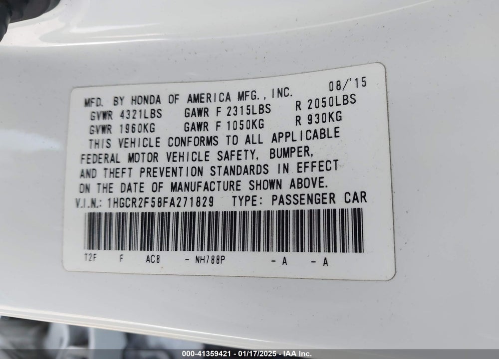 2015 HONDA ACCORD VIN: 1HGCR2F58FA271829