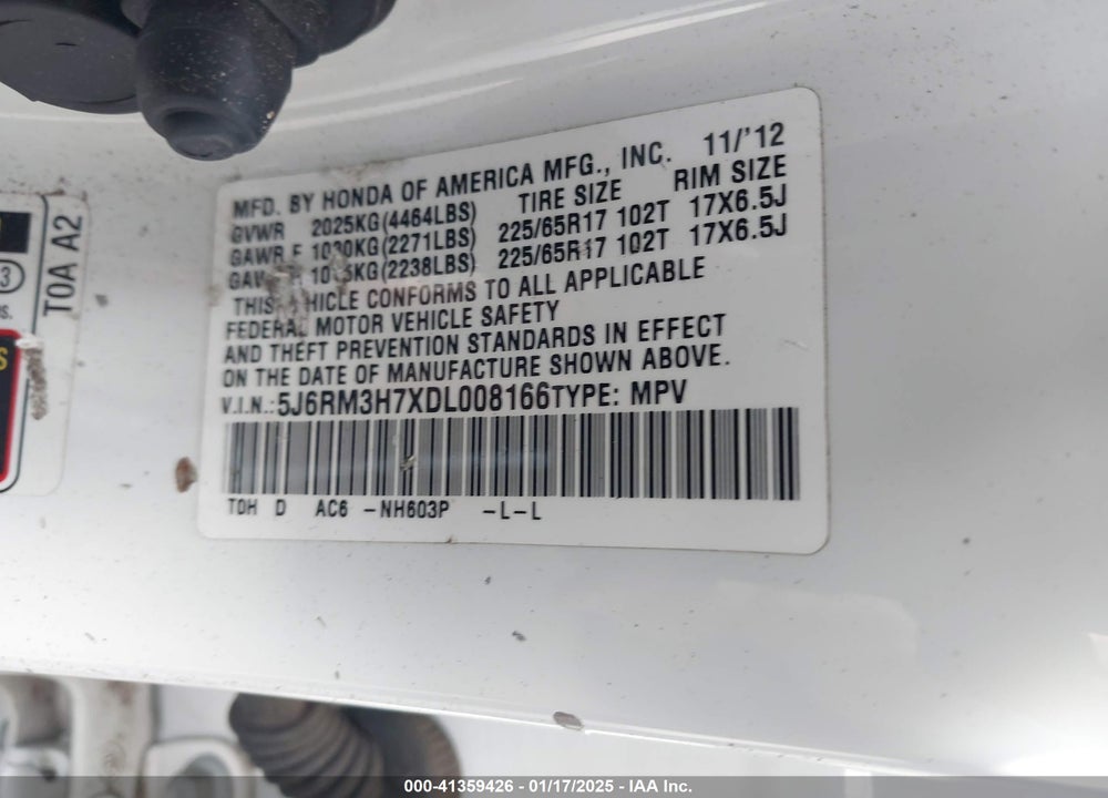 2013 HONDA CR-V EX-L VIN: 5J6RM3H7XDL008166