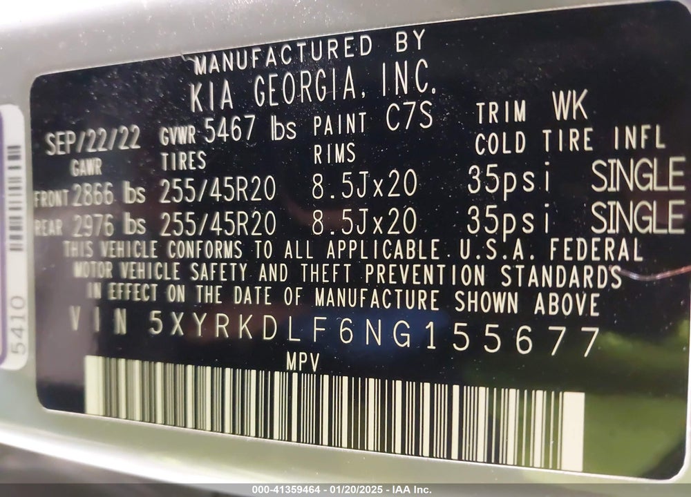 2022 KIA SORENTO VIN: 5XYRKDLF6NG155677