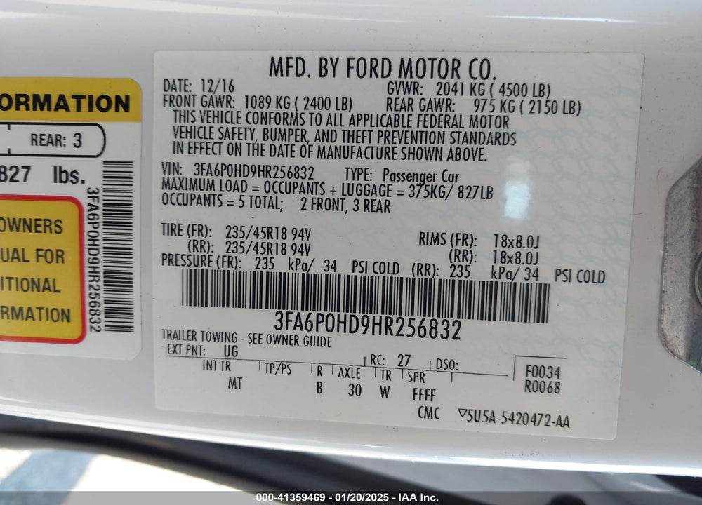 2017 FORD FUSION VIN: 3FA6P0HD9HR256832