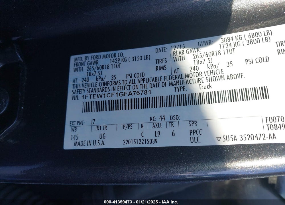 2016 FORD F150 VIN: 1FTEW1CF1GFA76781