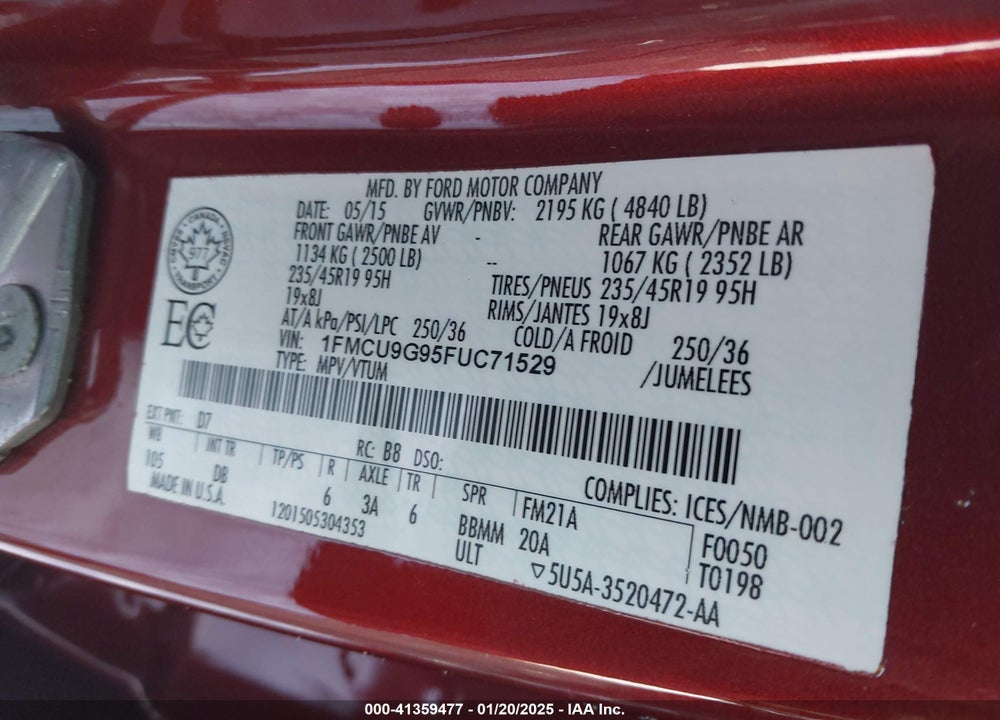 2015 FORD ESCAPE SE VIN: 1FMCU9G95FUC71529