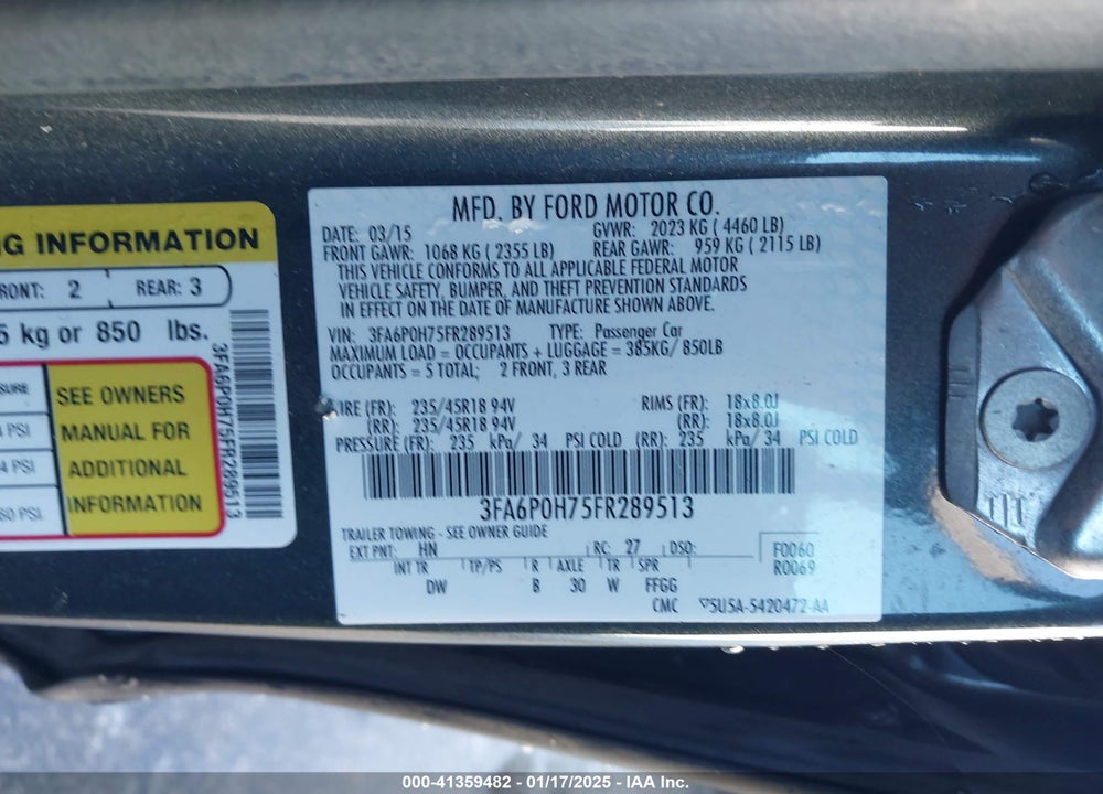 2015 FORD FUSION VIN: 3FA6P0H75FR289513