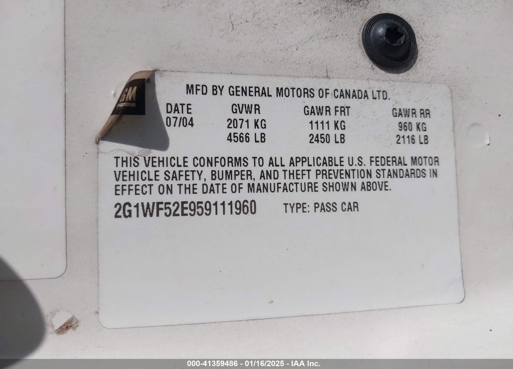 2005 CHEVROLET IMPALA VIN: 2G1WF52E959111960