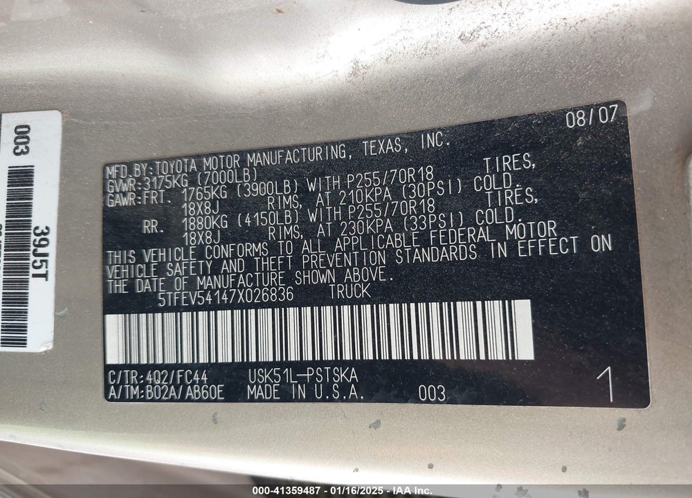 2007 TOYOTA TUNDRA VIN: 5TFEV54147X026836