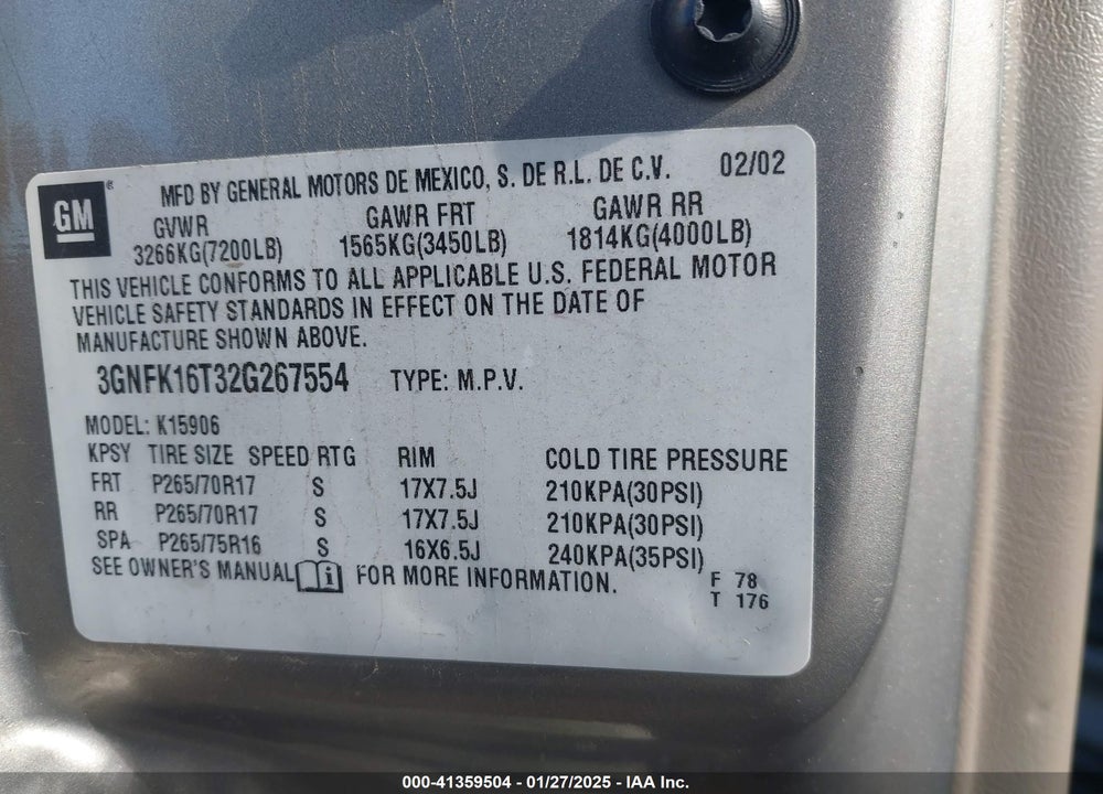 2002 CHEVROLET SUBURBAN 1500 Z71 VIN: 3GNFK16T32G267554