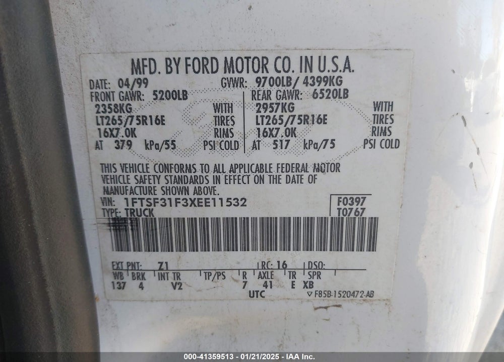 1999 FORD F 350 VIN: 1FTSF31F3XEE11532