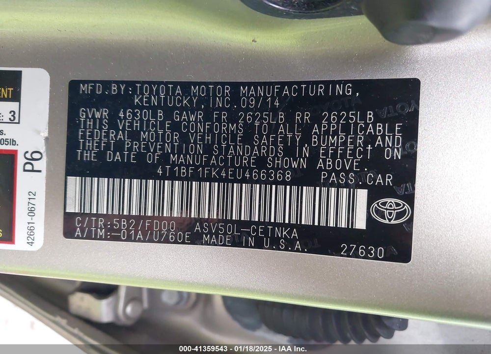 2014 TOYOTA CAMRY VIN: 4T1BF1FK4EU466368