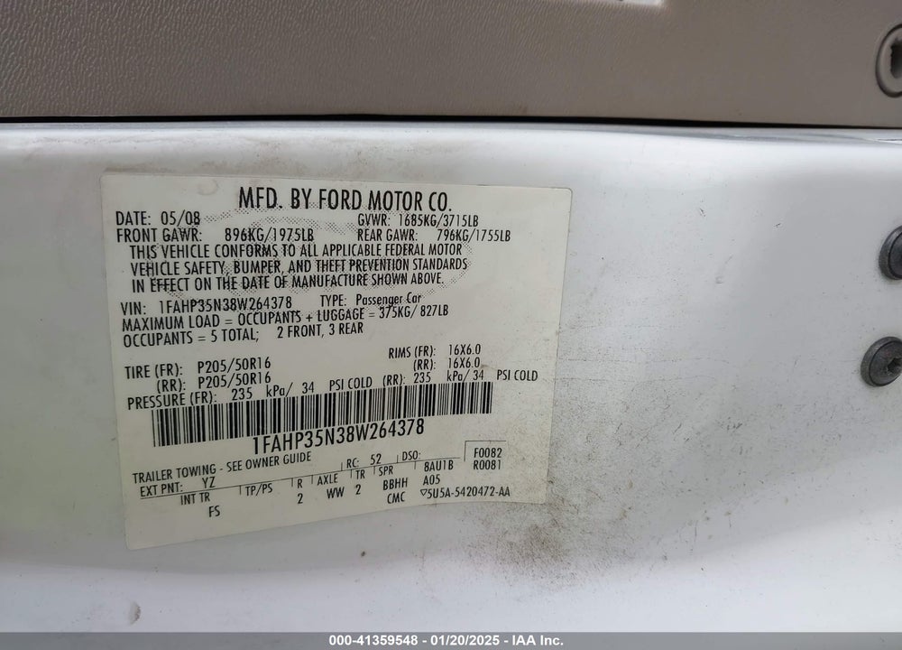 2008 FORD FOCUS VIN: 1FAHP35N38W264378