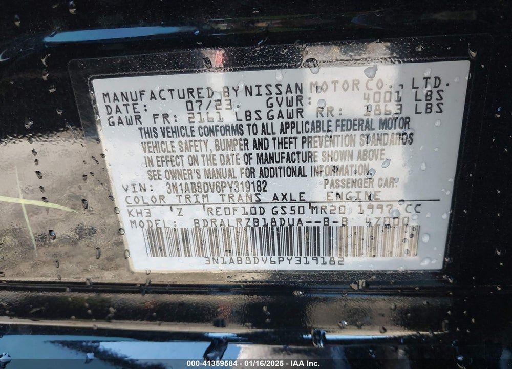 2023 NISSAN SENTRA VIN: 3N1AB8DV6PY319182