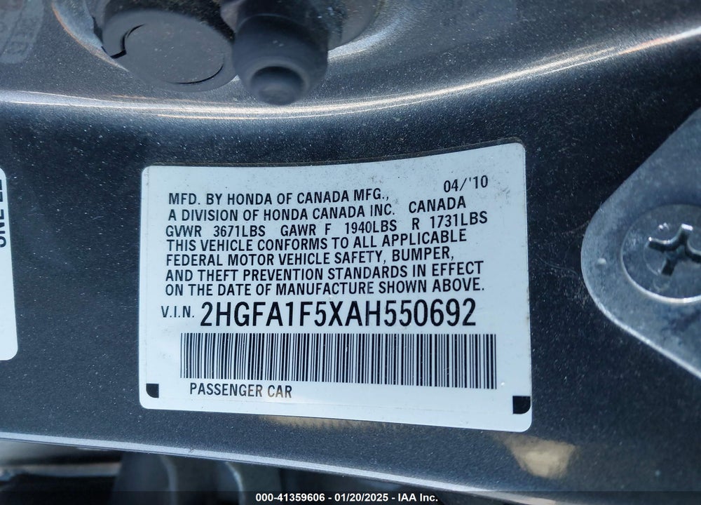 2010 HONDA CIVIC VIN: 2HGFA1F5XAH550692