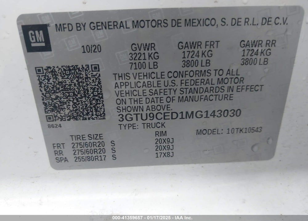 2021 GMC SIERRA 1500 VIN: 3GTU9CED1MG143030