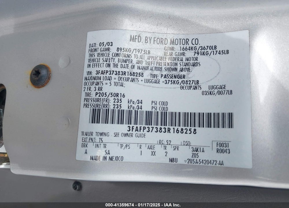 2003 FORD FOCUS ZX5 VIN: 3FAFP37383R168258