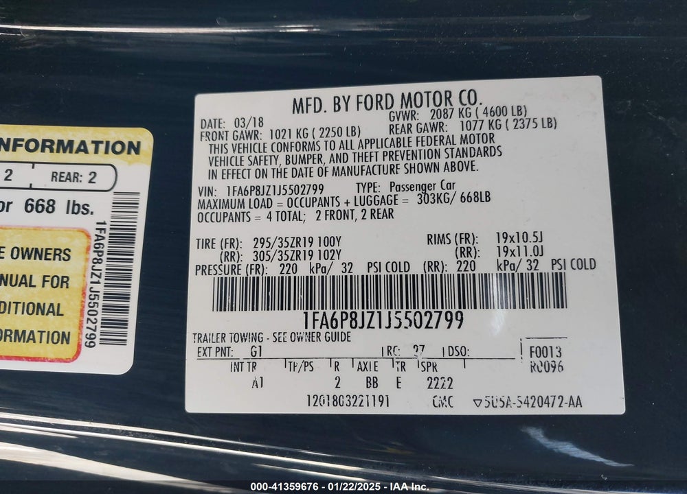 2018 FORD SHELBY GT350 VIN: 1FA6P8JZ1J5502799