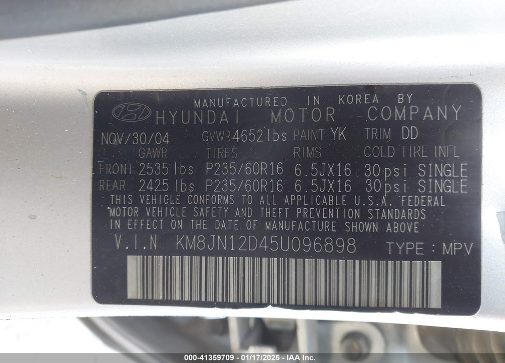 2005 HYUNDAI TUCSON GLS/LX VIN: KM8JN12D45U096898