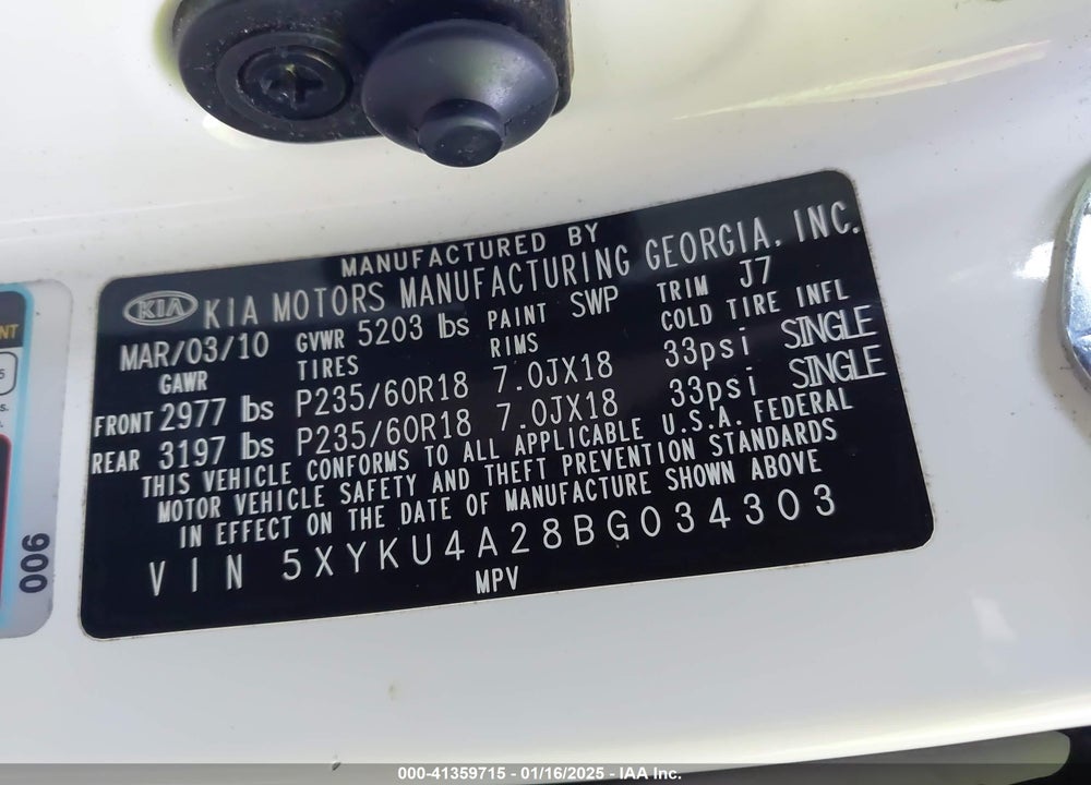 2011 KIA SORENTO EX V6 VIN: 5XYKU4A28BG034303